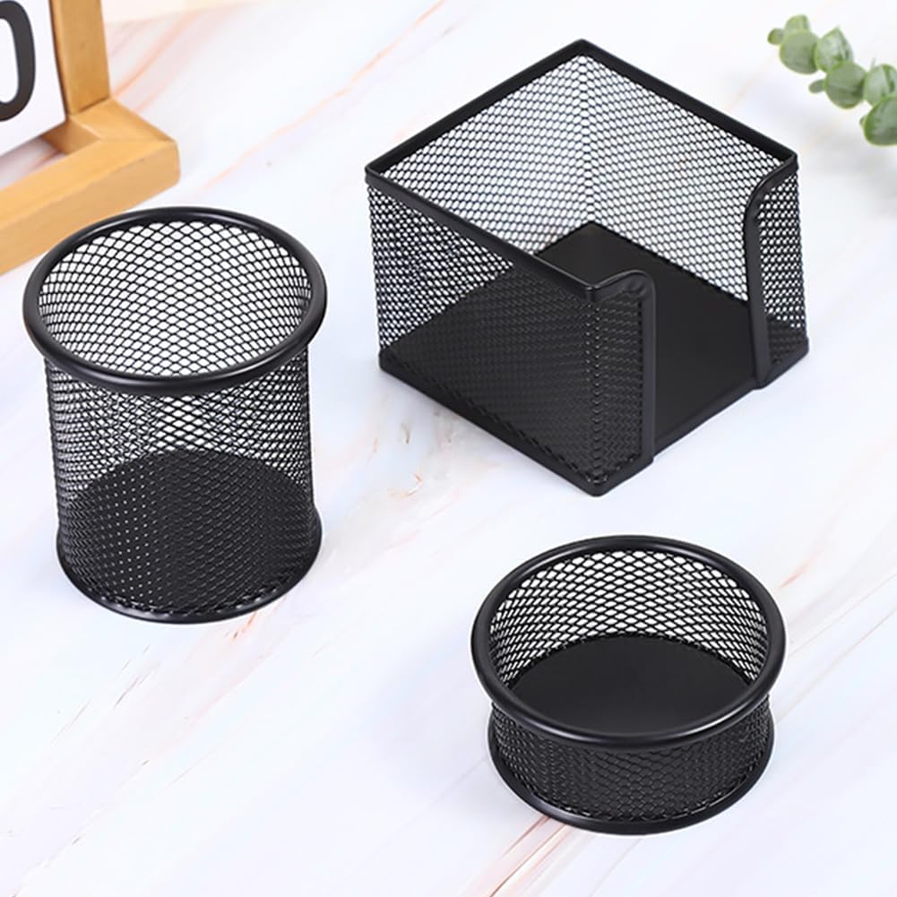 3-Piece Metal Desk Organizers Set, Mesh Pencil Holder with Sticky Note Holder and Paper Clip holder, Stationery Storage for Home, Classroom & Workplace
