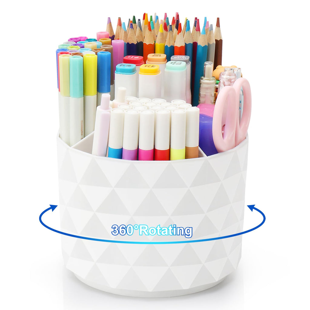Desk Organizer, 360-Degree Rotating Pencil Pen Holders For Desk, Diamond Pattern Pen Organizer With 5 Compartments, Cute Desk Accessories Decor For Office, School,Home,Art Supply (Pink)