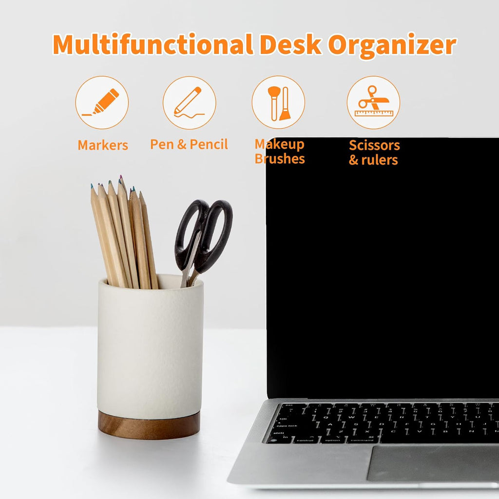 Ceramic Pen Holder for Desk, Pencil Cup, (White,Set / 1)
