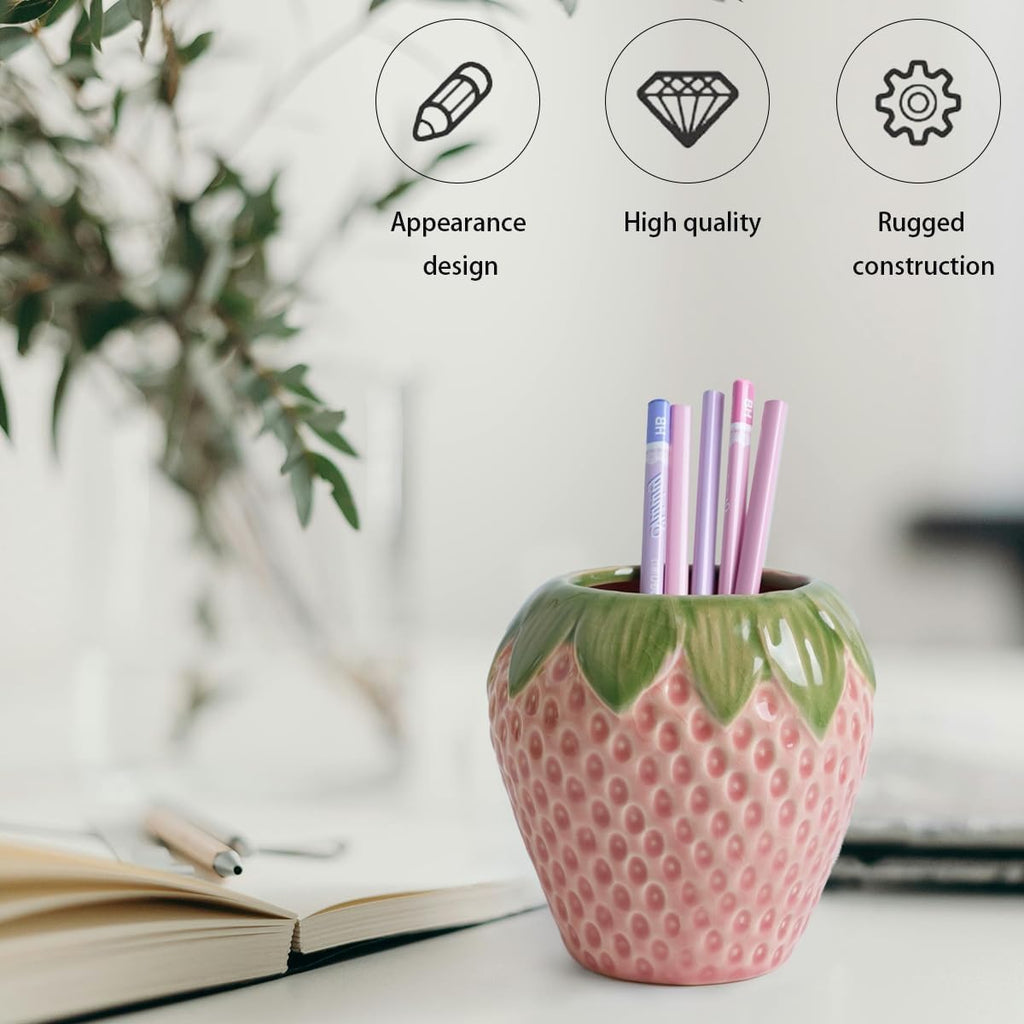 Sixbaole Pink Strawberry Ceramic Pencil Holder for Desk, Cute Office Decor