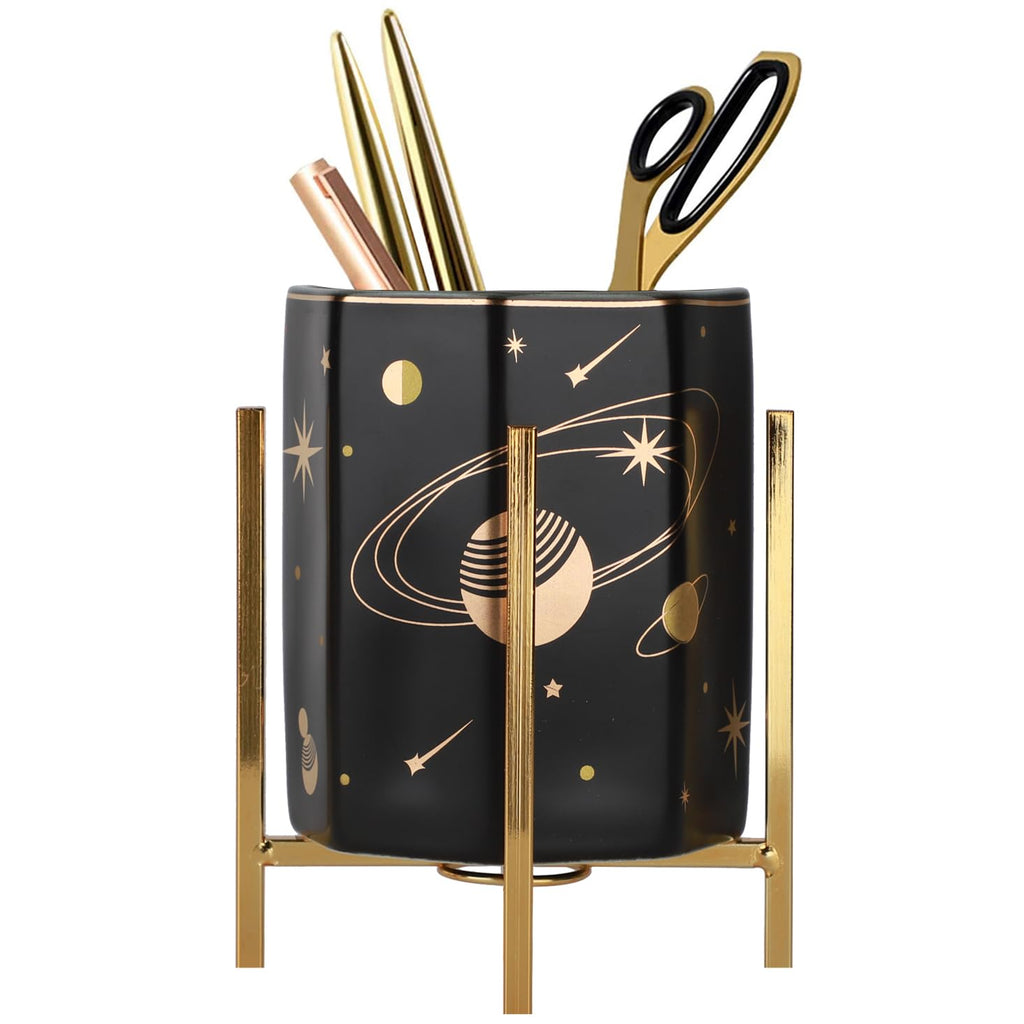 Gold pencil cup Sturdy metal frame with white ceramic pen holder For desks and kitchen appliance holders