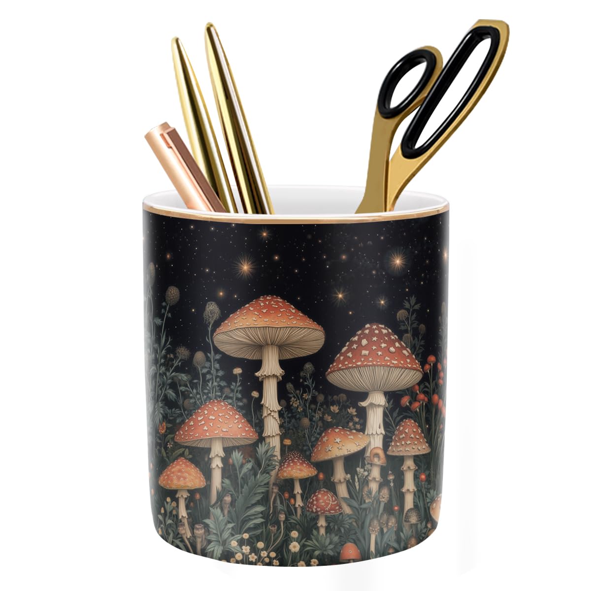Large Capacity Colored Pen Holder for Desk, Ceramic Pencil Holder Pen Cup Marker Holder Makeup Brush Holders, Desk Accessories & Workspace Organizers for Home, Office, White Flower