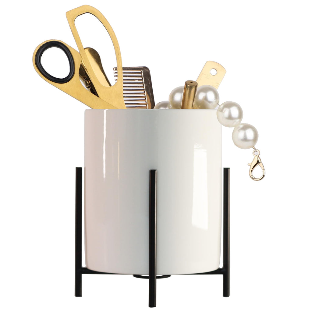 Gold pencil cup Sturdy metal frame with white ceramic pen holder For desks and kitchen appliance holders