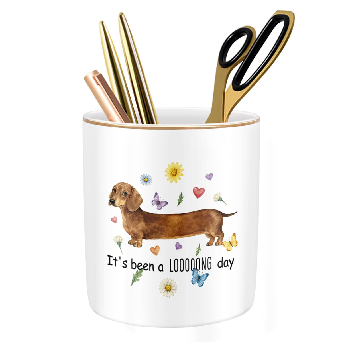 Large Capacity Colored Pen Holder for Desk, Ceramic Pencil Holder Pen Cup Marker Holder Makeup Brush Holders, Desk Accessories & Workspace Organizers for Home, Office, White Flower