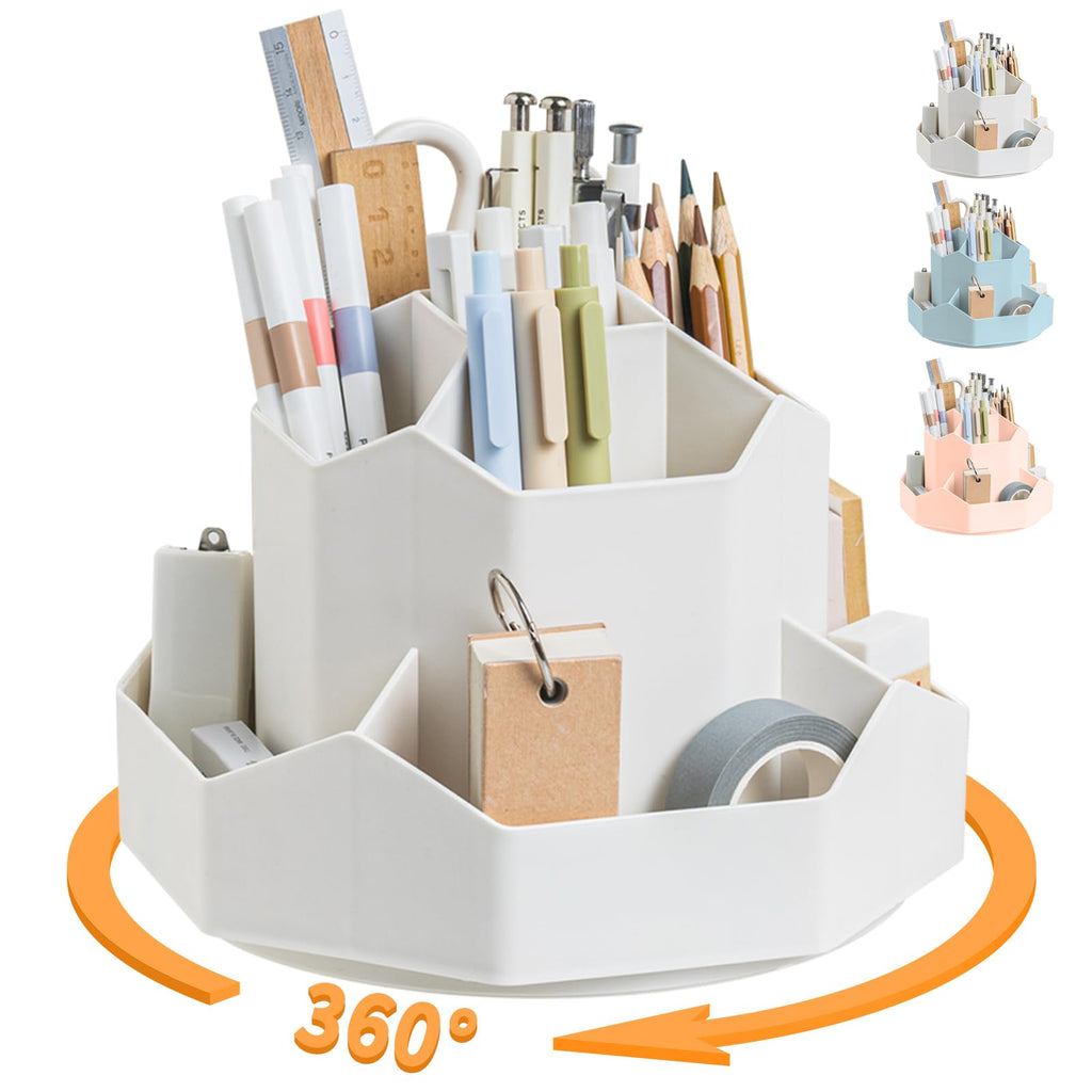 Cayxenful Pencil Pen Holder for Desk,9 Slots 360 Degree Rotating Desk Organizers,Desktop Storage Stationery Supplies Organizer, Cute Pencil Cup Pot For Office, School, Home(White)