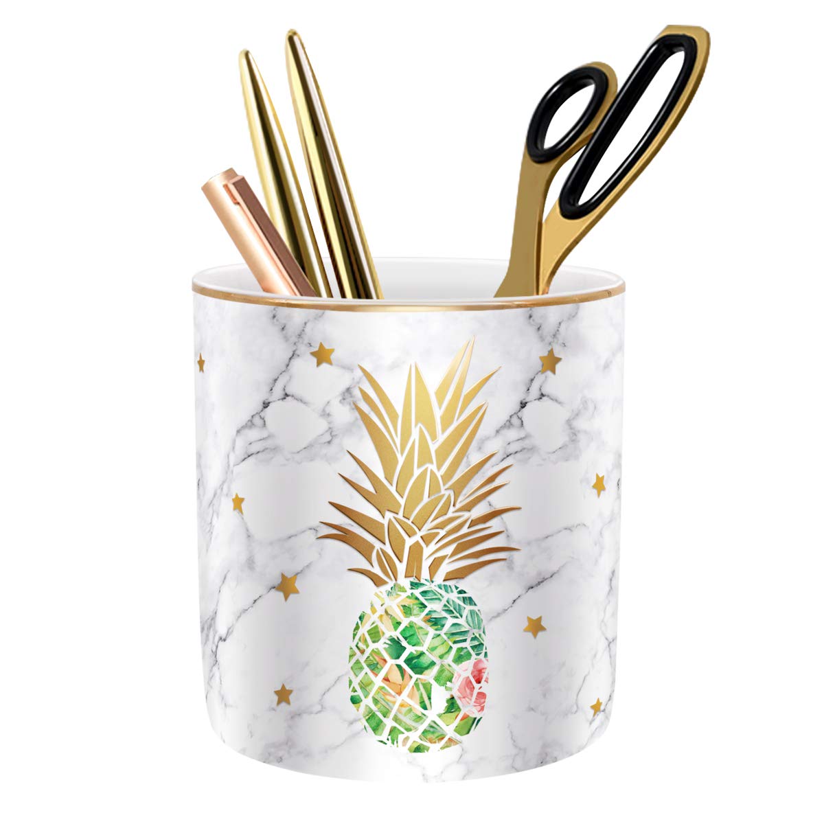 Large Capacity Colored Pen Holder for Desk, Ceramic Pencil Holder Pen Cup Marker Holder Makeup Brush Holders, Desk Accessories & Workspace Organizers for Home, Office, White Flower
