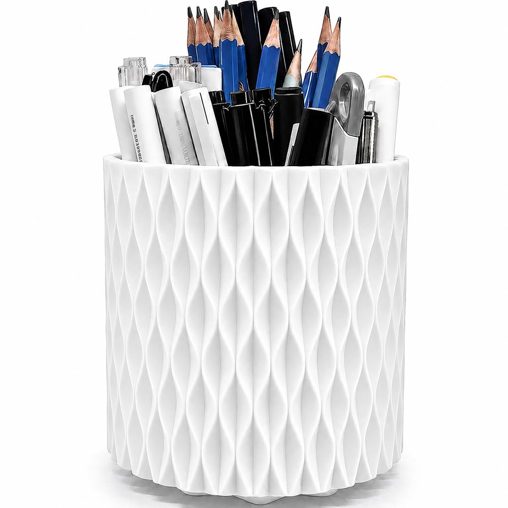 Lebenrich Rotating Pen Holder for Desk, 5 Slots Easthetic Pencil holder Desk Organizer Supplies and Accessories for Women Girls, Pencil Cup for Office Home Art Supply, White