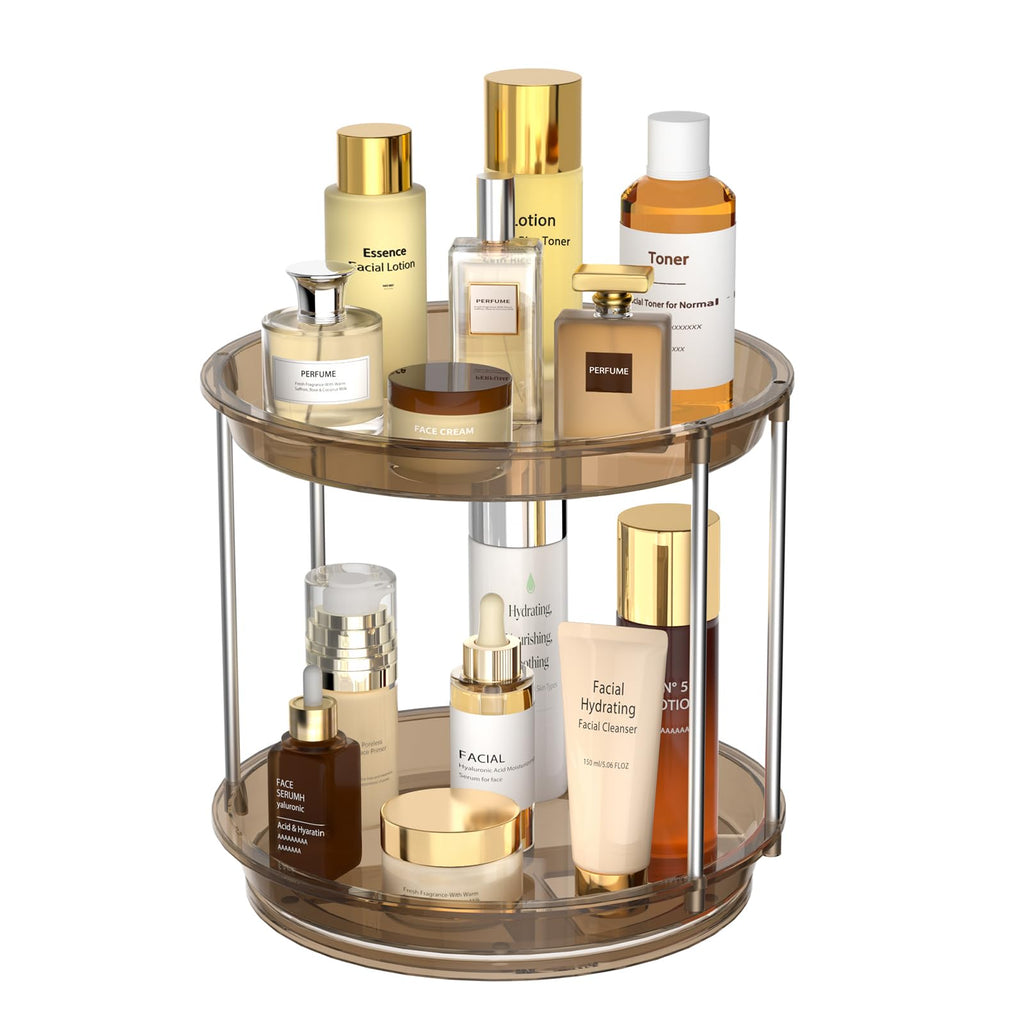 360 Rotating Makeup Organizer, 2 Tier Skincare & Perfume Holder for Bathroom Counter, Clear Spinning Vanity Tray, Lazy Susan Turntable Organizer for Dresser, Kitchen Cabinet