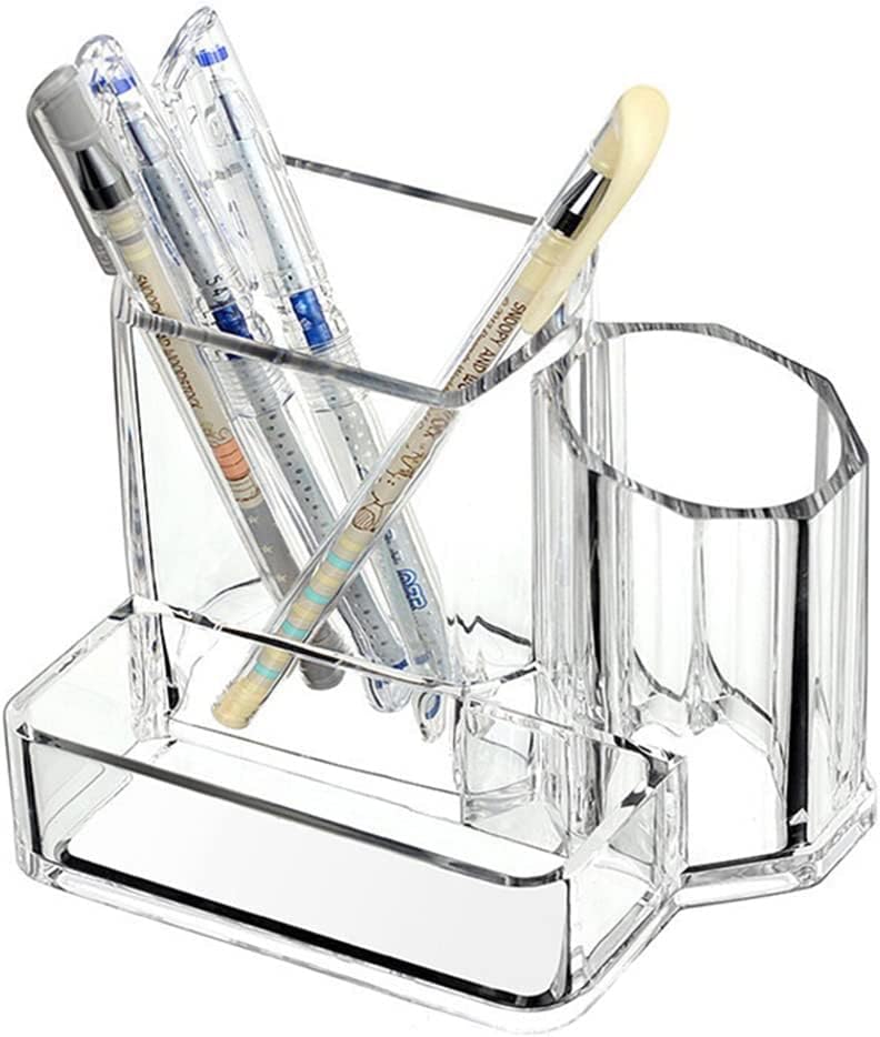 Sooyee Acrylic Desk Supplies Cosmetic Organizer Holder, 3 Compartment Office Desktop Caddy, Multi-function Pen Pencil Cup Phone Remote Control Stationery Storage Box for Home, School, Classroom, Clear