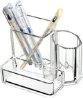 Sooyee Acrylic Desk Supplies Cosmetic Organizer Holder, 3 Compartment Office Desktop Caddy, Multi-function Pen Pencil Cup Phone Remote Control Stationery Storage Box for Home, School, Classroom, Clear