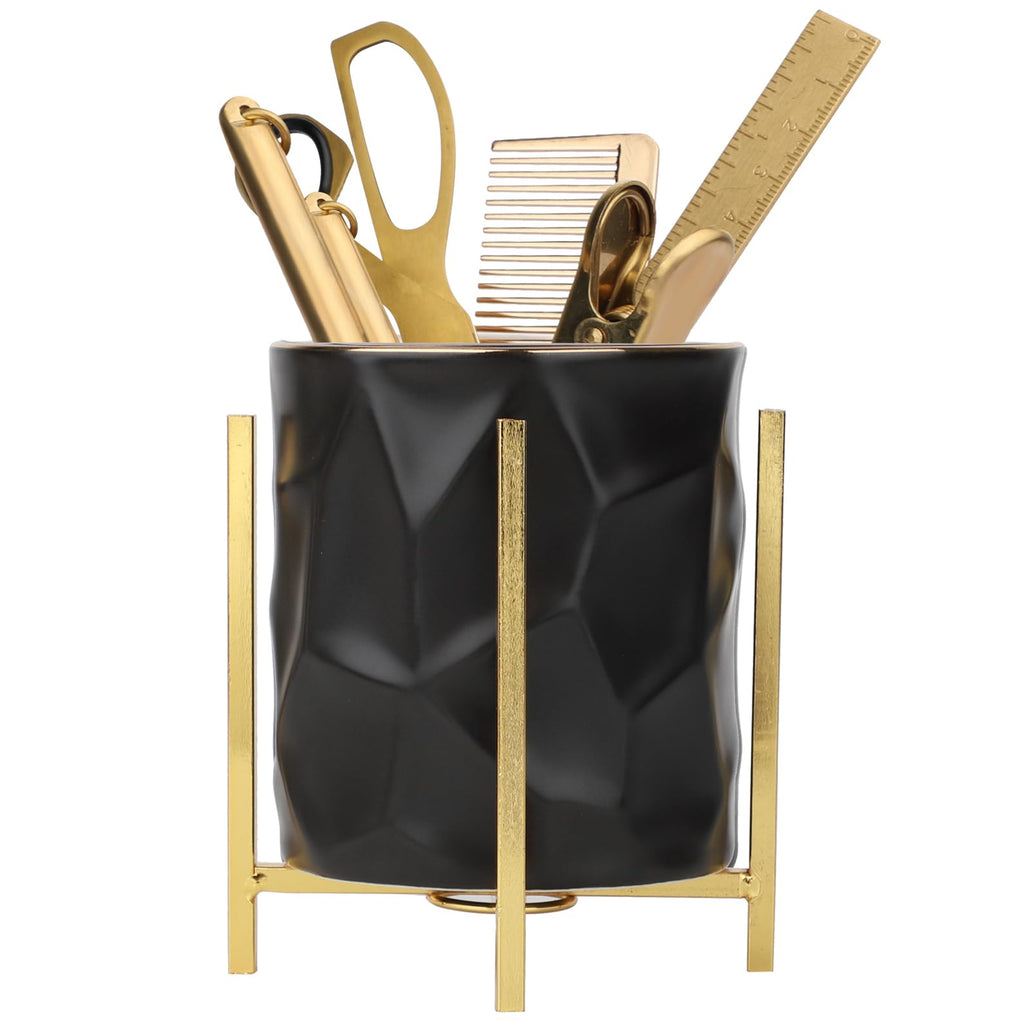 Gold pencil cup Sturdy metal frame with white ceramic pen holder For desks and kitchen appliance holders