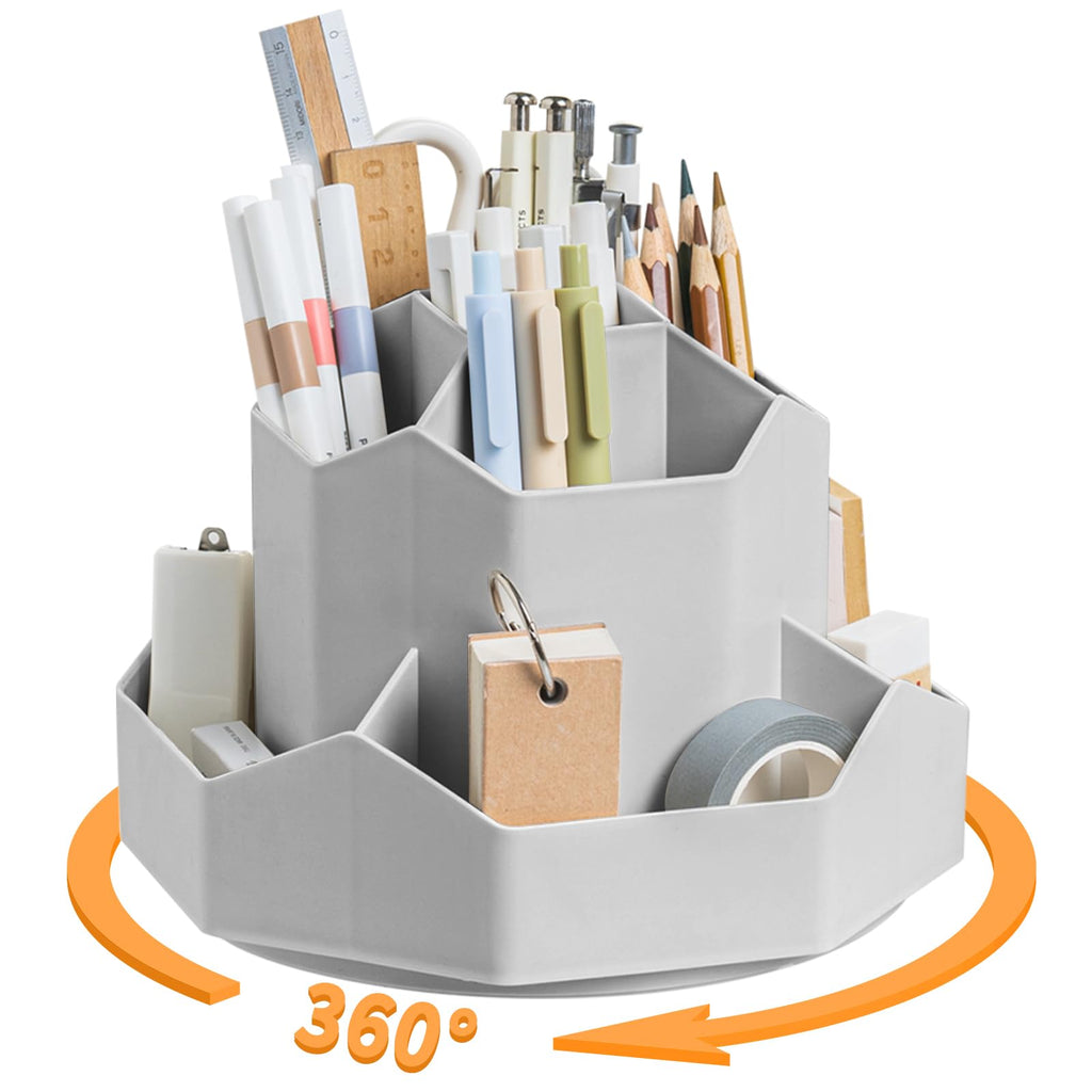 Cayxenful Pencil Pen Holder for Desk,9 Slots 360 Degree Rotating Desk Organizers,Desktop Storage Stationery Supplies Organizer, Cute Pencil Cup Pot For Office, School, Home(White)