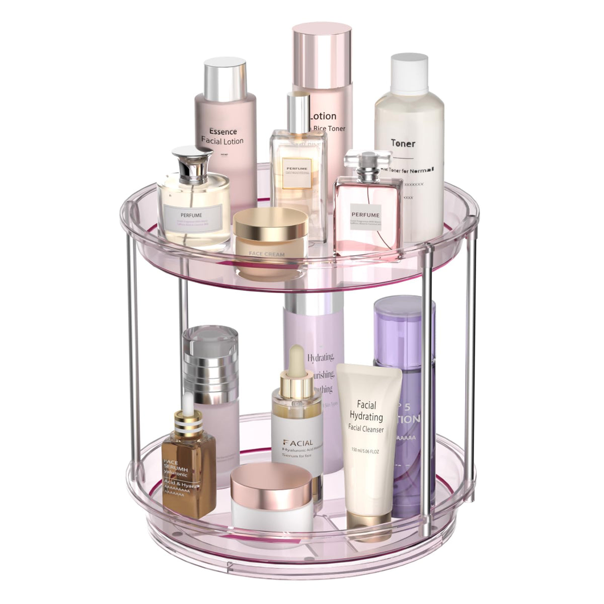 360 Rotating Makeup Organizer, 2 Tier Skincare & Perfume Holder for Bathroom Counter, Clear Spinning Vanity Tray, Lazy Susan Turntable Organizer for Dresser, Kitchen Cabinet
