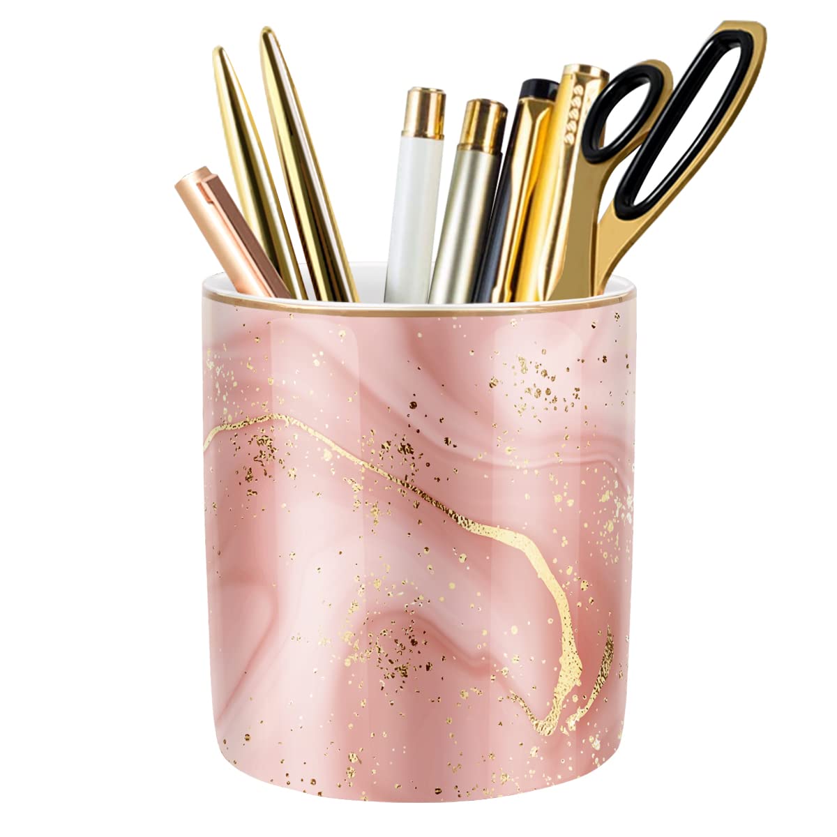 Large Capacity Colored Pen Holder for Desk, Ceramic Pencil Holder Pen Cup Marker Holder Makeup Brush Holders, Desk Accessories & Workspace Organizers for Home, Office, White Flower