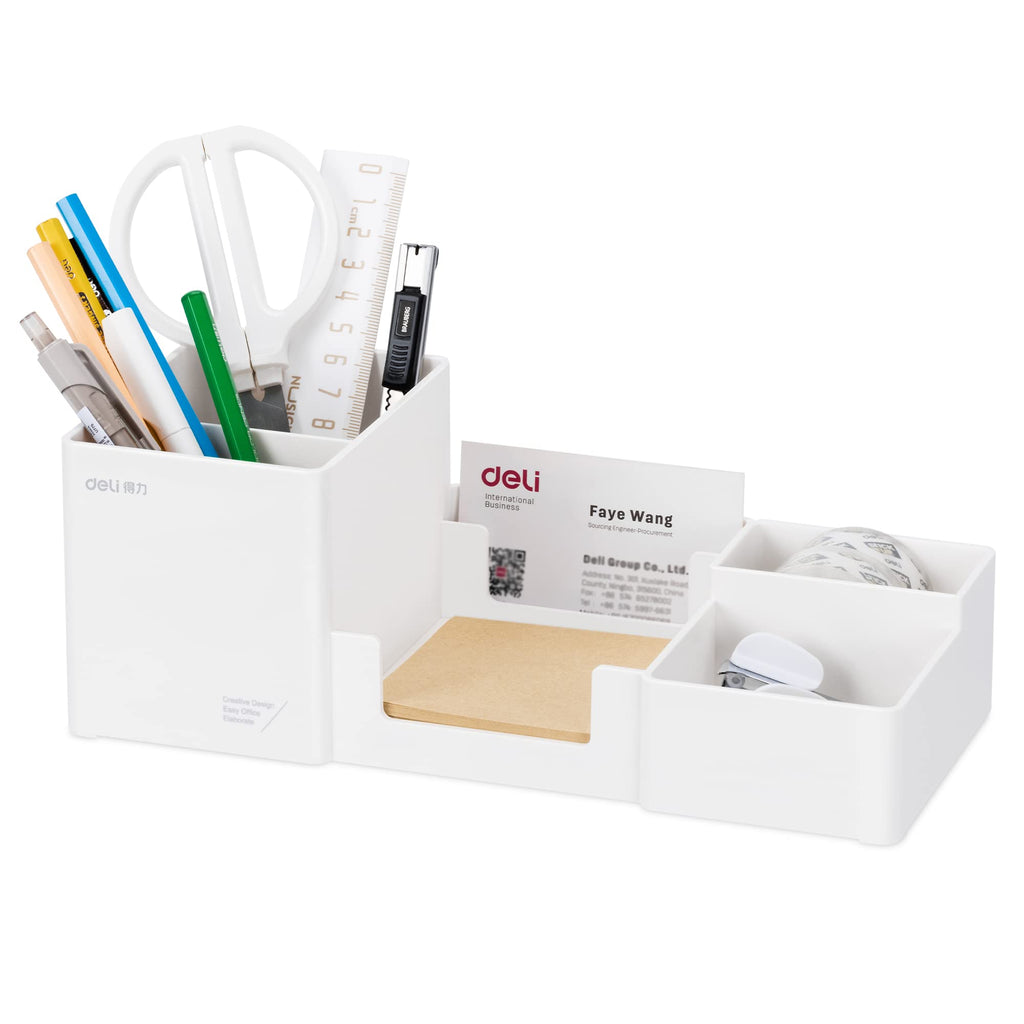 deli Desk Organizer, Plastic Desktop Organizer with Pencil Holder and Sticky Note Tray, Office Stationery Supplies Organizers Accessories Caddy, 6 Compartments, Black