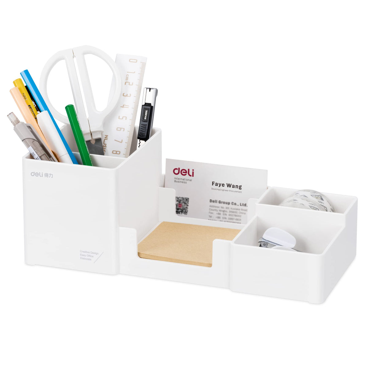 deli Desk Organizer, Plastic Desktop Organizer with Pencil Holder and Sticky Note Tray, Office Stationery Supplies Organizers Accessories Caddy, 6 Compartments, Black