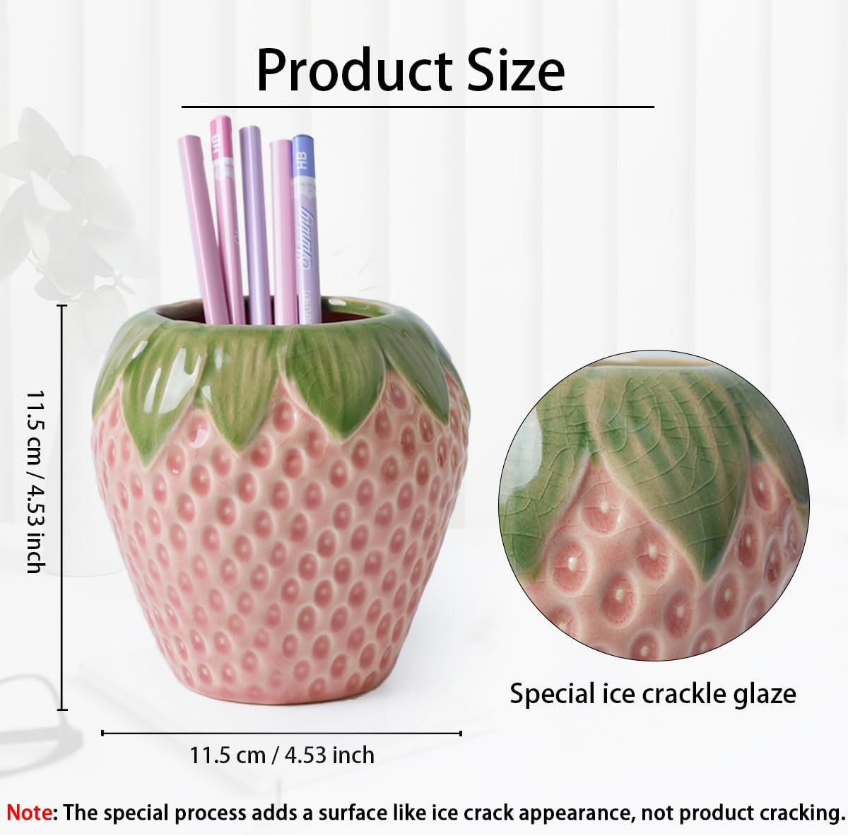 Sixbaole Pink Strawberry Ceramic Pencil Holder for Desk, Cute Office Decor