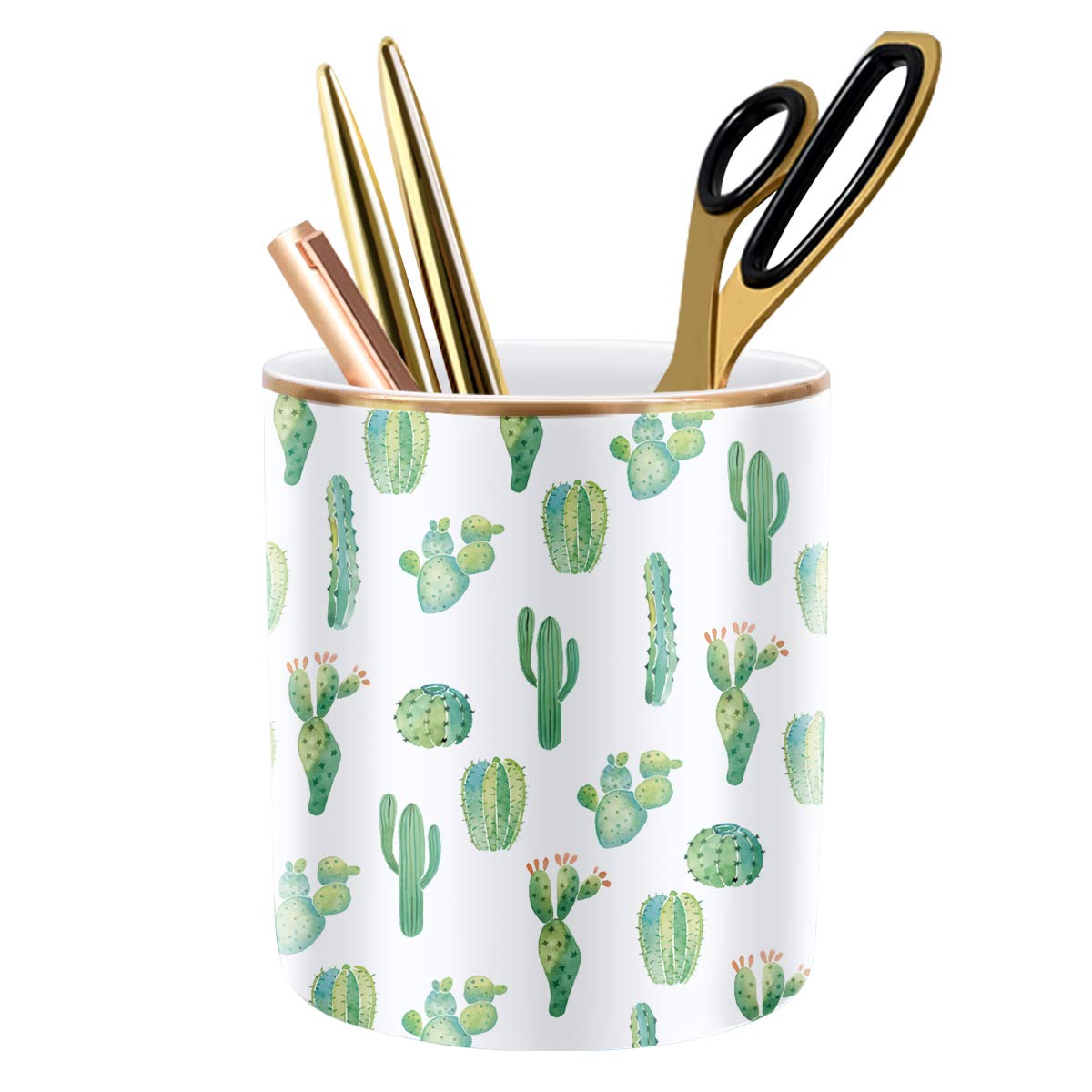 Large Capacity Colored Pen Holder for Desk, Ceramic Pencil Holder Pen Cup Marker Holder Makeup Brush Holders, Desk Accessories & Workspace Organizers for Home, Office, White Flower