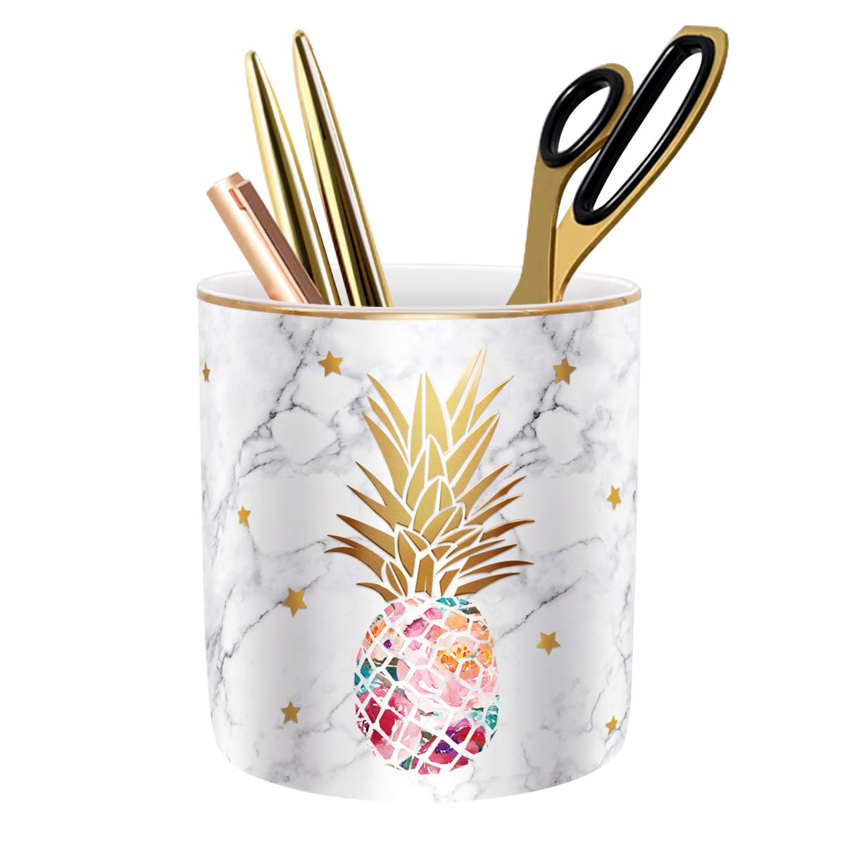Large Capacity Colored Pen Holder for Desk, Ceramic Pencil Holder Pen Cup Marker Holder Makeup Brush Holders, Desk Accessories & Workspace Organizers for Home, Office, White Flower