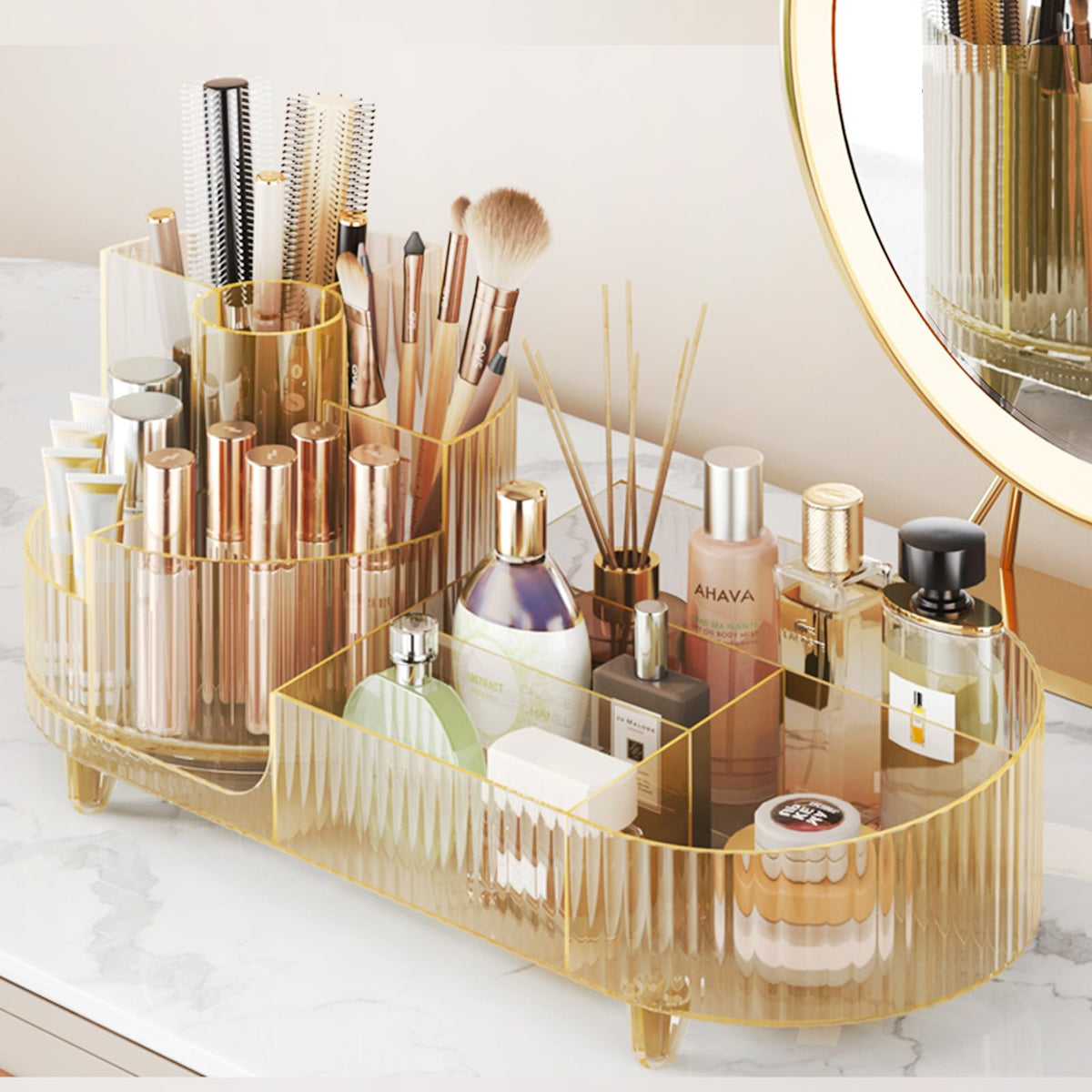 Pink Rotating Vanity Organizer with Brush Holder - Large Spinning Cosmetic Storage, Countertop Makeup & Skincare Organizer, Perfume & Lotions Display Case