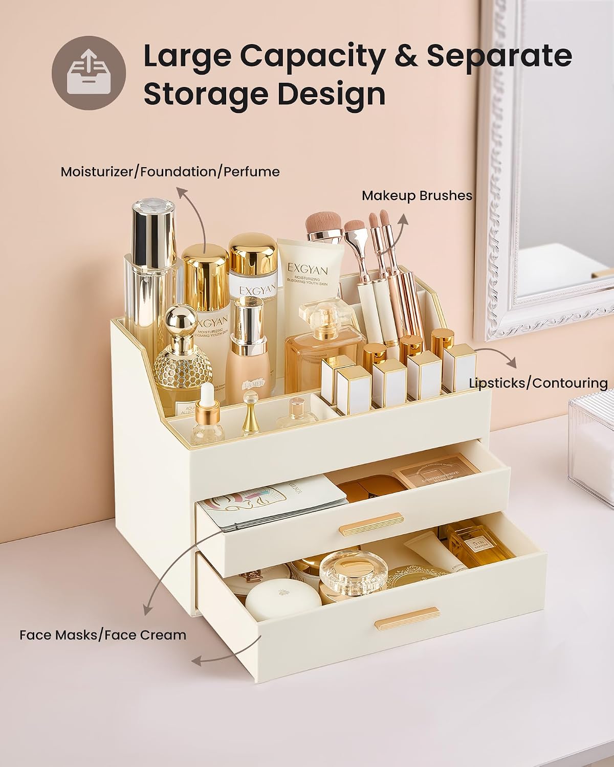 Lolalet Makeup Organizer for Vanity Desk, 3-Layer PU Leather Luxury Make Up Storage Cosmetics Holder Box with Drawers -Beige