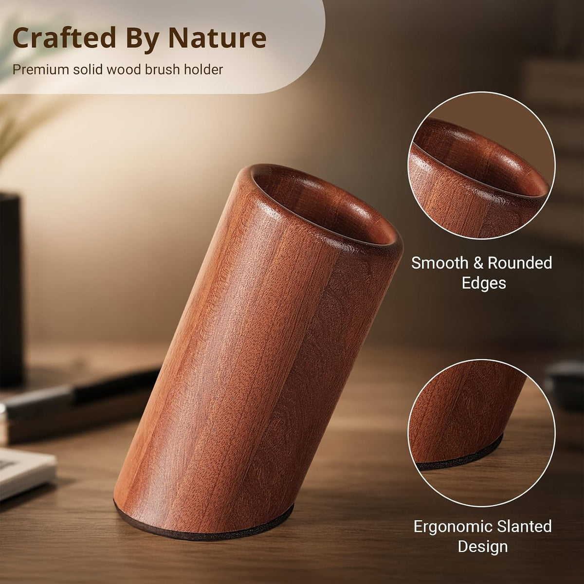 walowalo Pen Holder Natural Wooden Pencil Holder for Desk, Angled Design Makeup Brush Holder Pencil Cup, Multiple-Use Marker Holder Desktop Stationary Organizer for Office, Home, School
