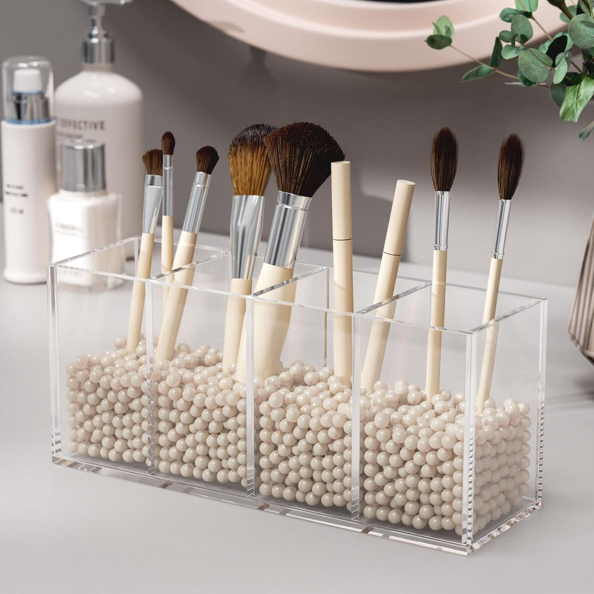 NIUBEE Acrylic Pen Holder 4 Compartments, Clear Desk Pencil Organizer Cup