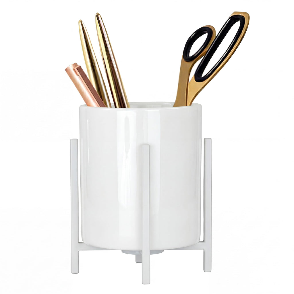 4.72" Gold Pen Holder Aesthetic Pencil Holder for Desk, Gold Desk Organizers and Accessories for Women Girls, Ceramic Pen Holder for Office