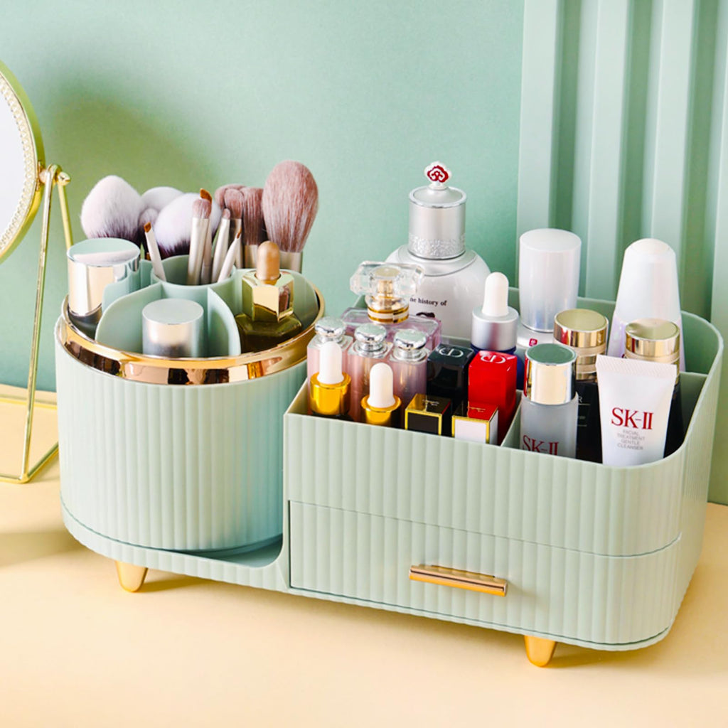 Pink Rotating Vanity Organizer with Brush Holder - Large Spinning Cosmetic Storage, Countertop Makeup & Skincare Organizer, Perfume & Lotions Display Case