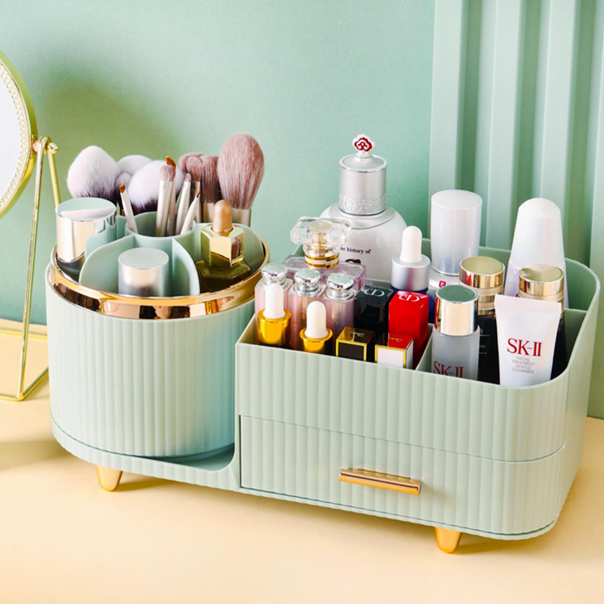 Pink Rotating Vanity Organizer with Brush Holder - Large Spinning Cosmetic Storage, Countertop Makeup & Skincare Organizer, Perfume & Lotions Display Case