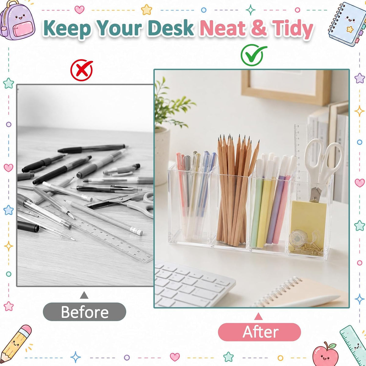 Mototo Acrylic Pen Holder Back to School 4 Compartments Pencil Organizer