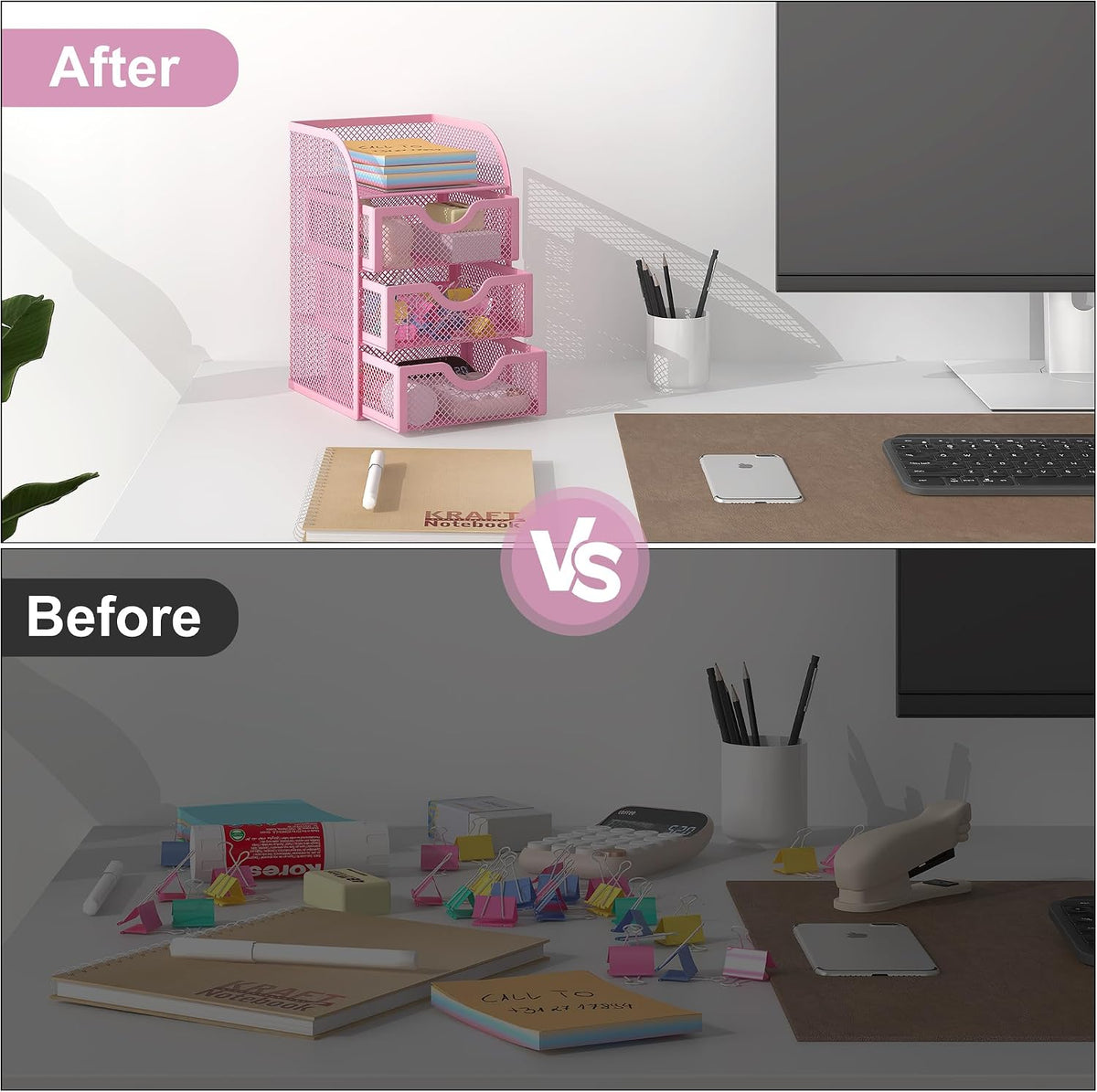 EasyPAG Mesh Desk Organizer with 3 Drawer Office Desktop Organizers and Accessories Stationery Caddy for Office, Home, Students, Pink