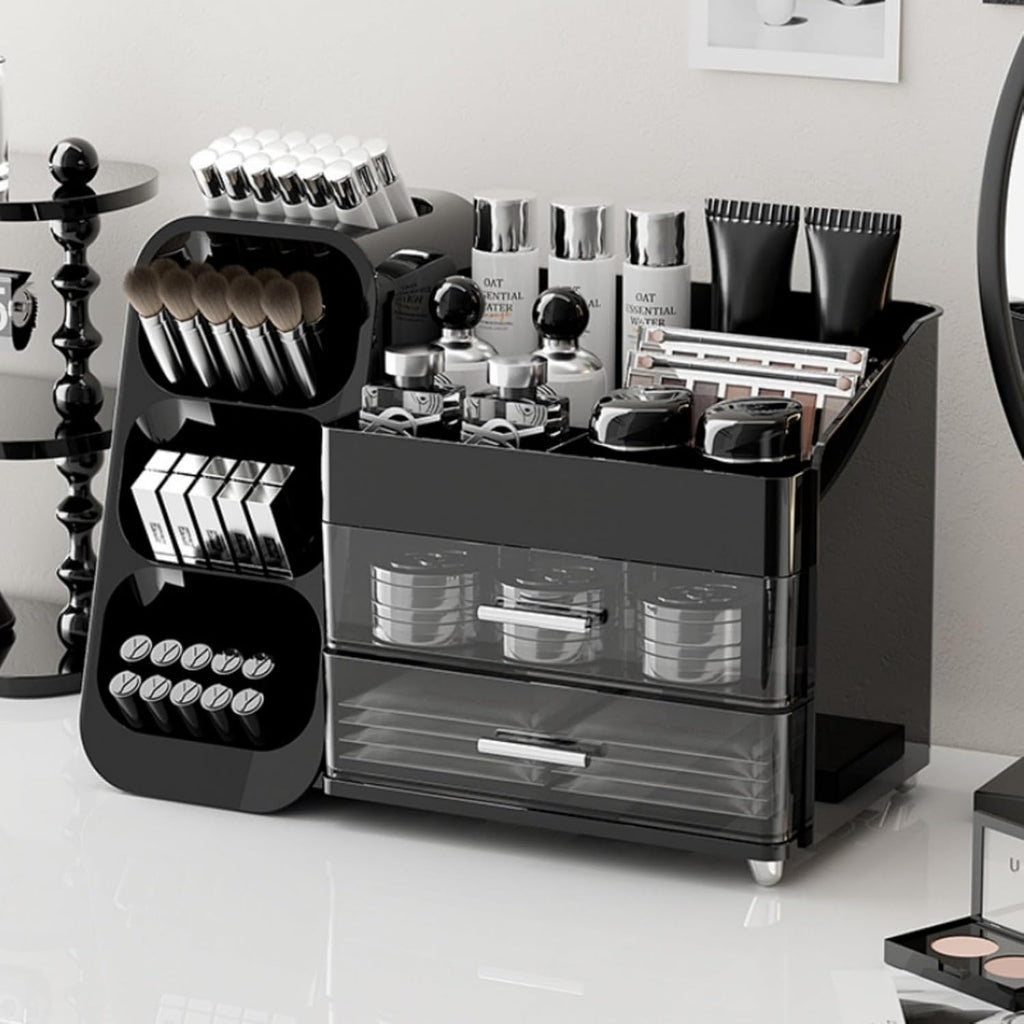 Makeup Organizer with Drawers, Large Capacity Countertop Organizers for Vanity,Bathroom and Bedroom Desk Cosmetics Organizer,Easy To Storage Skincare,Brushes,Lotions,Lipstick (Black)