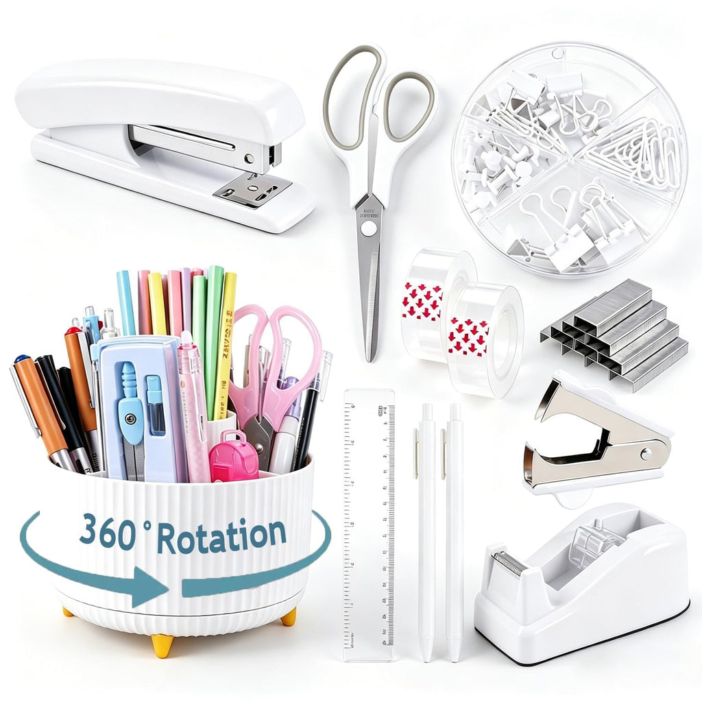 Gawsey Pink Desk Organizers and Accessories with Desk Organizer 360° Rotating Pen Holder and Office Supplies, Cute Stationery Supplies Set