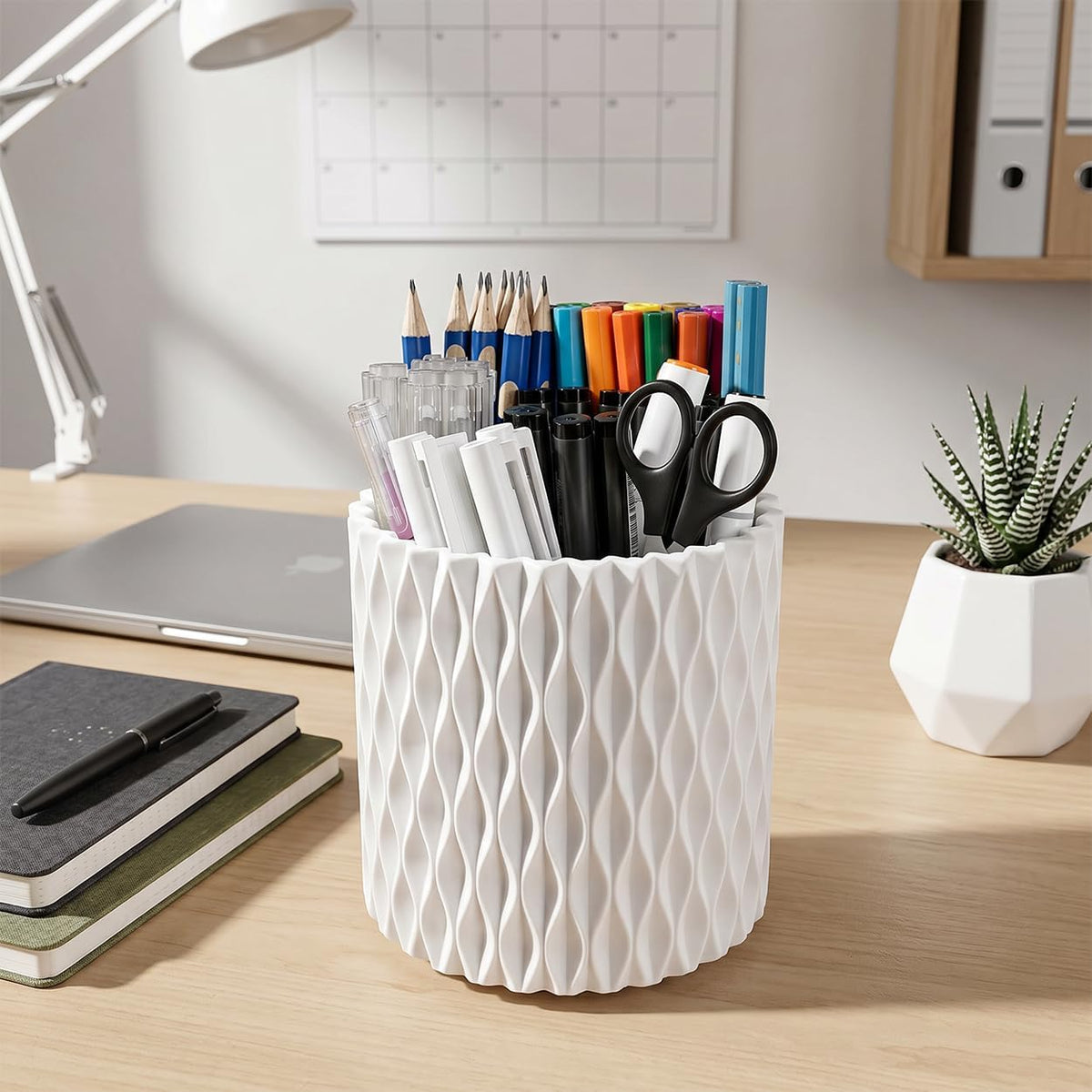 Lebenrich Rotating Pen Holder for Desk, 5 Slots Easthetic Pencil holder Desk Organizer Supplies and Accessories for Women Girls, Pencil Cup for Office Home Art Supply, White