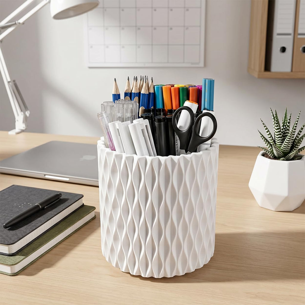 Lebenrich Rotating Pen Holder for Desk, 5 Slots Easthetic Pencil holder Desk Organizer Supplies and Accessories for Women Girls, Pencil Cup for Office Home Art Supply, White