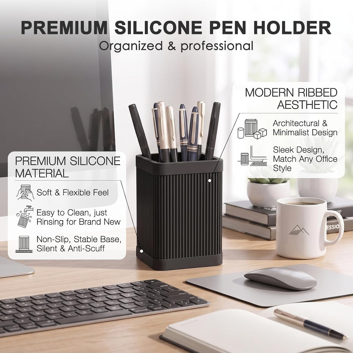 HighHerz Aesthetic Pen Holder For Desk, Modern Silicone Pencil Holder, Stylish Office Desk Decor, Made of 5 mm Thickened Premium Silicone, Office Desk Organizer And Accessories (Black)