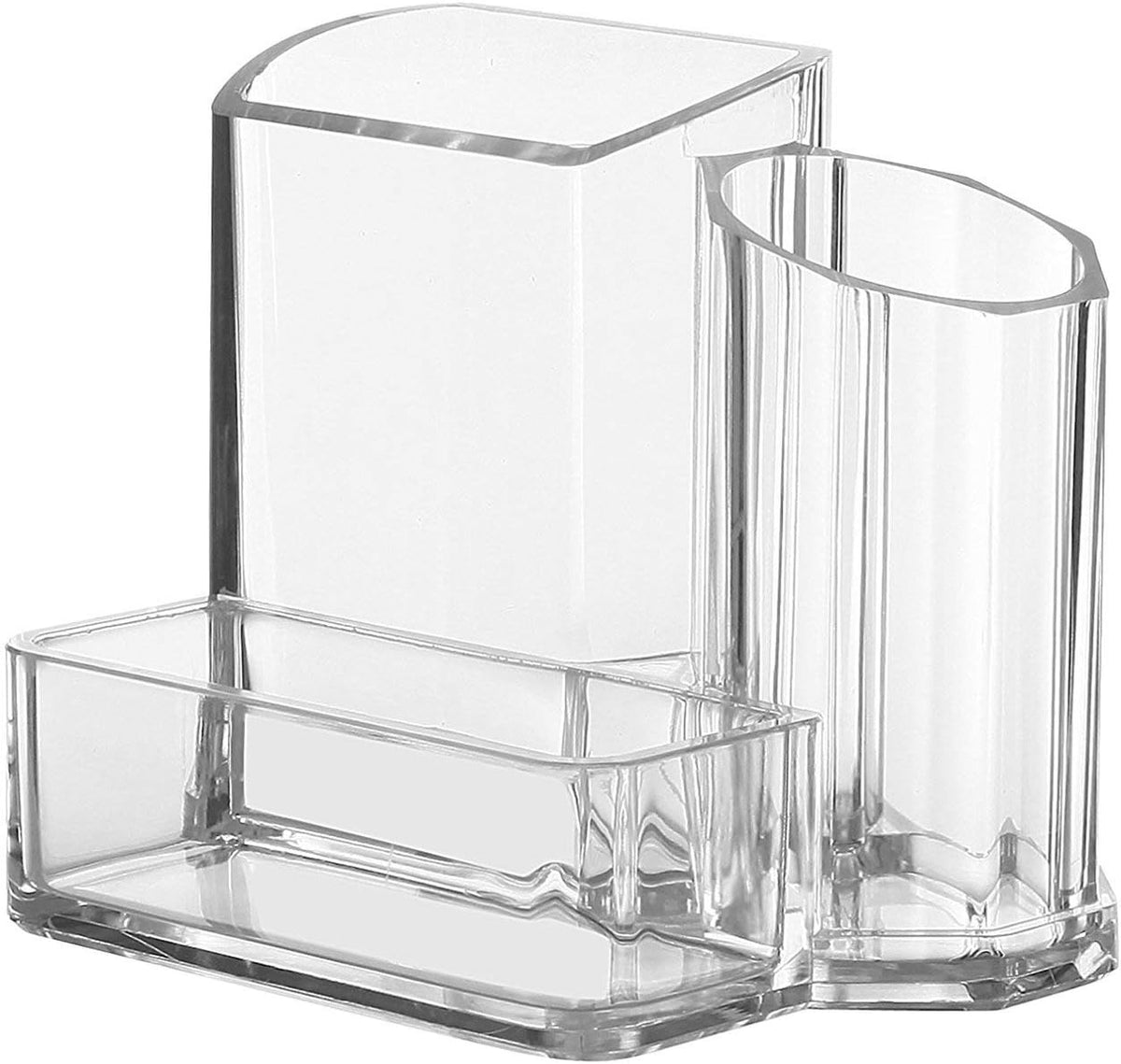 Sooyee Acrylic Desk Supplies Cosmetic Organizer Holder, 3 Compartment Office Desktop Caddy, Multi-function Pen Pencil Cup Phone Remote Control Stationery Storage Box for Home, School, Classroom, Clear