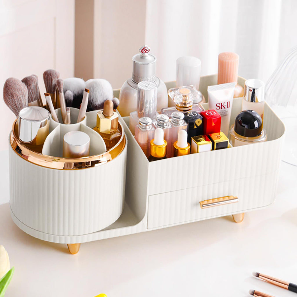 Pink Rotating Vanity Organizer with Brush Holder - Large Spinning Cosmetic Storage, Countertop Makeup & Skincare Organizer, Perfume & Lotions Display Case