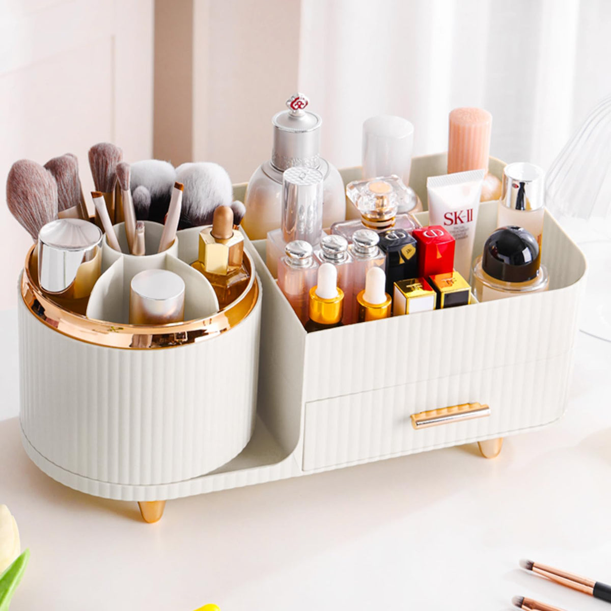 Pink Rotating Vanity Organizer with Brush Holder - Large Spinning Cosmetic Storage, Countertop Makeup & Skincare Organizer, Perfume & Lotions Display Case