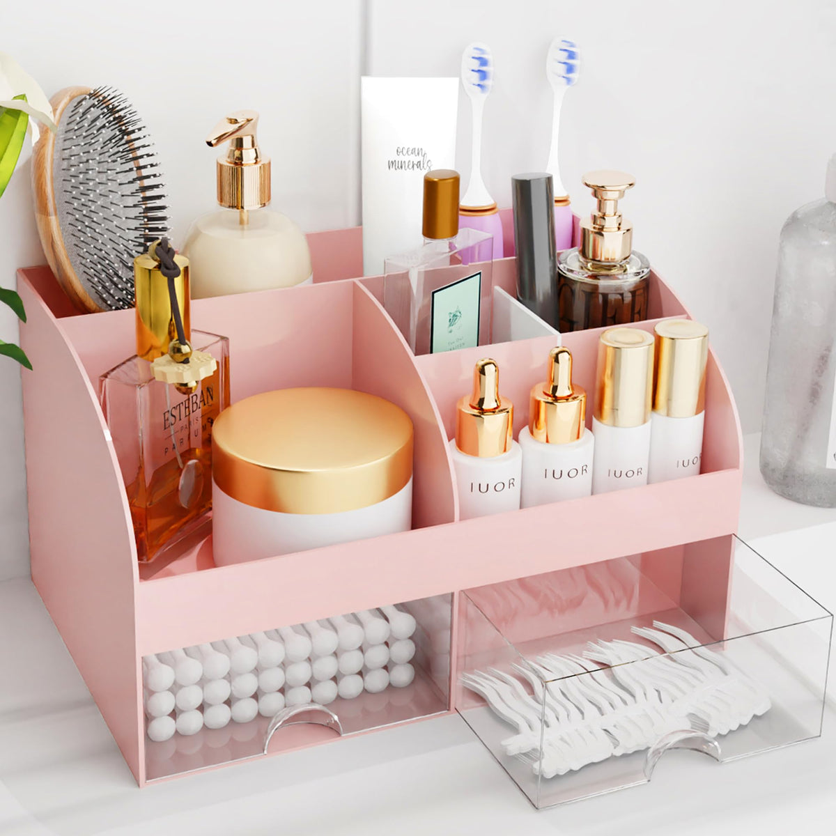 Makeup Organizer with Drawers, Cosmetic Storage for Dresser Vanity and Bathroom Countertop, Beauty Holder for Lipstick Brush, Skincare Organizer for Vanity, Cosmetic Display Case (Black)