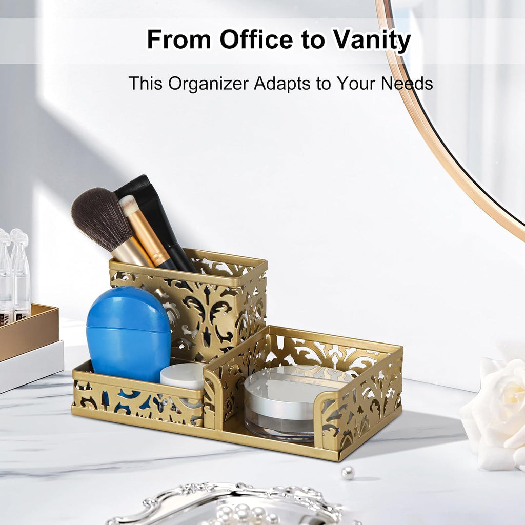 EasyPAG Desk Organizer 3 Compartment Pen Holder for Desk Office Supplies Caddy with Sticky Notes Holder for School Home, Gold
