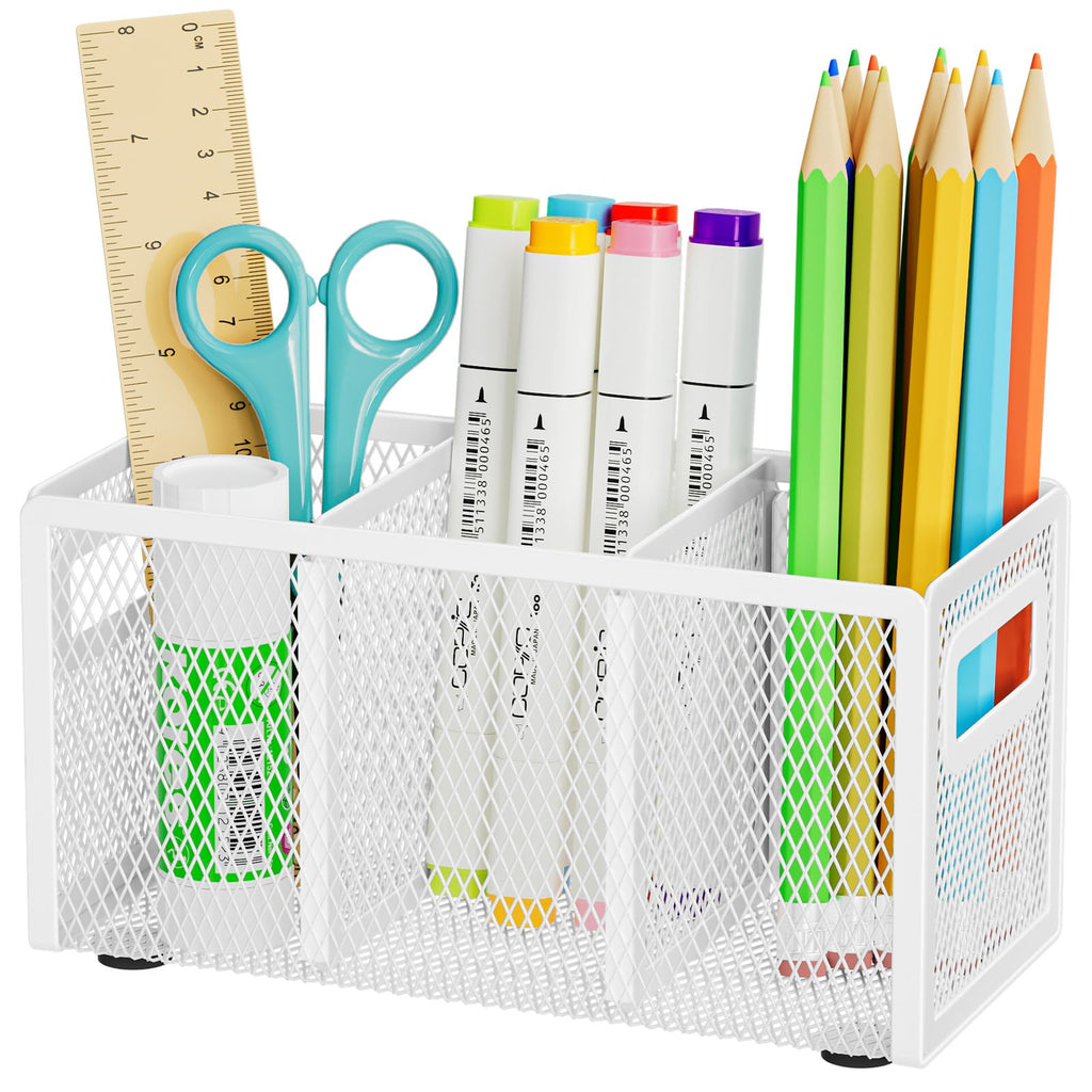 Marbrasse Mesh Pen Holder for Desk, Pencil Holder Desk Organizer 3 Adjustable Compartments, Pencil Cup with Handle Perfect for Classroom, Office, Home, Makeup, Art (Black)