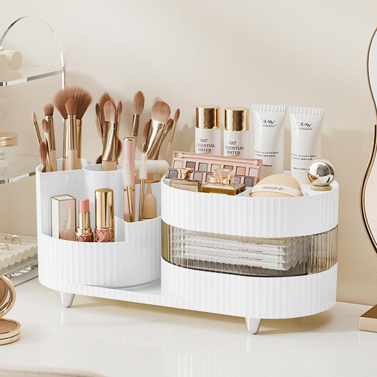 Pink Rotating Vanity Organizer with Brush Holder - Large Spinning Cosmetic Storage, Countertop Makeup & Skincare Organizer, Perfume & Lotions Display Case