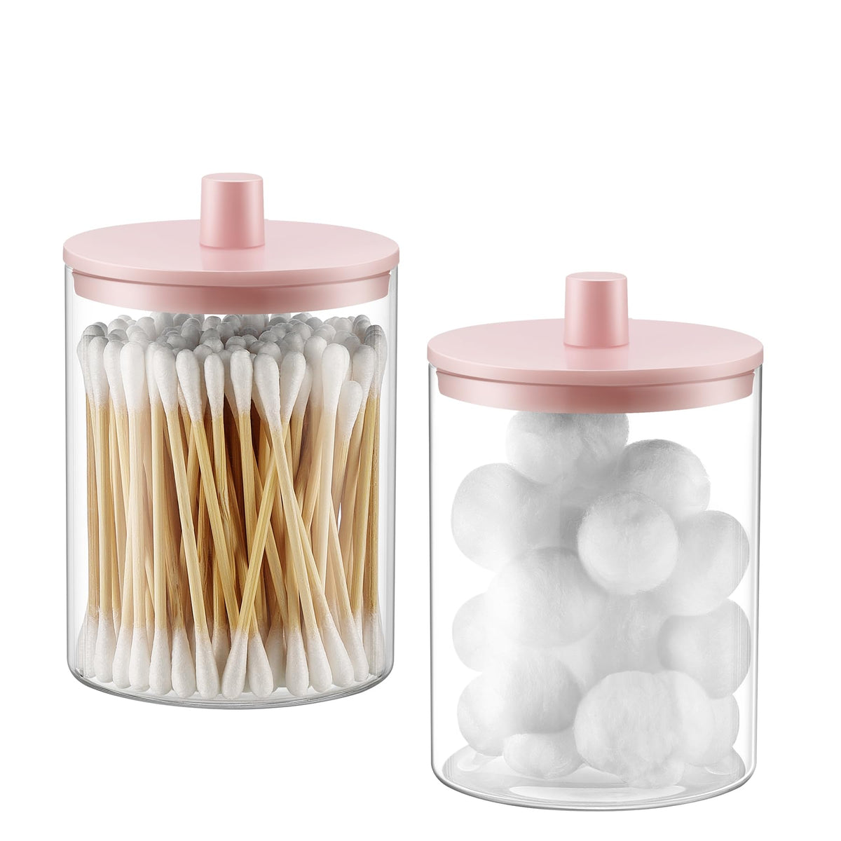 TIPGO Glass Qtip Holder Dispenser - 10 oz Clear Canister Apothecary Jar, Bathroom Vanity Storage Organizer Set for Cotton Swabs, Pads, Floss Picks, Small Containers for Makeup Storage (2 Pack, Black)
