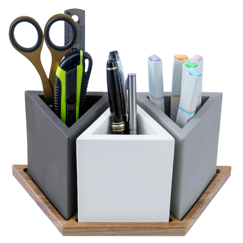 MyGift Pen Holder Pencil Holder For Desk,Pen Cup Holder For Desk,Concrete Desktop Pencil Cup,Modern Gray-Tone,Set of 3