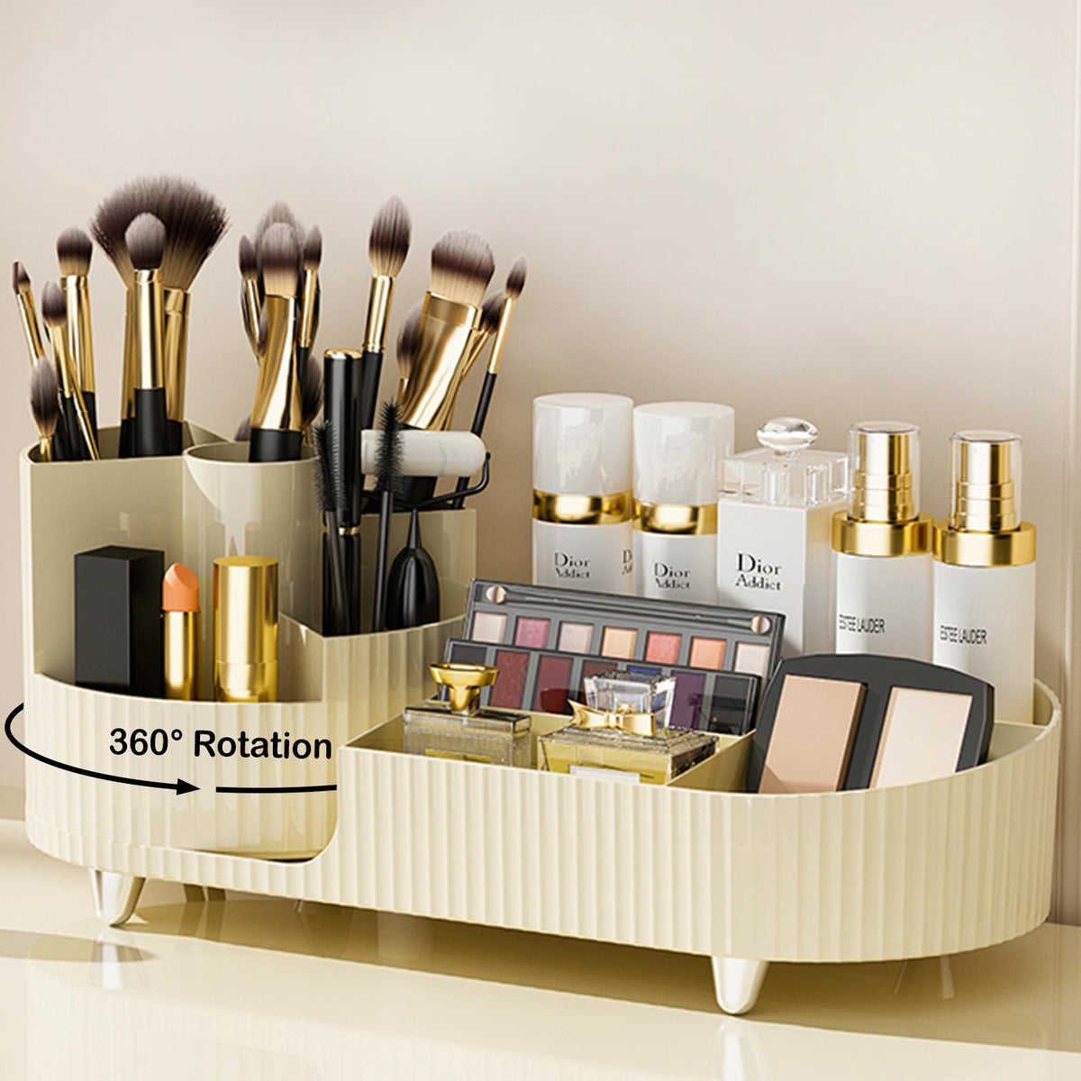 Pink Rotating Vanity Organizer with Brush Holder - Large Spinning Cosmetic Storage, Countertop Makeup & Skincare Organizer, Perfume & Lotions Display Case
