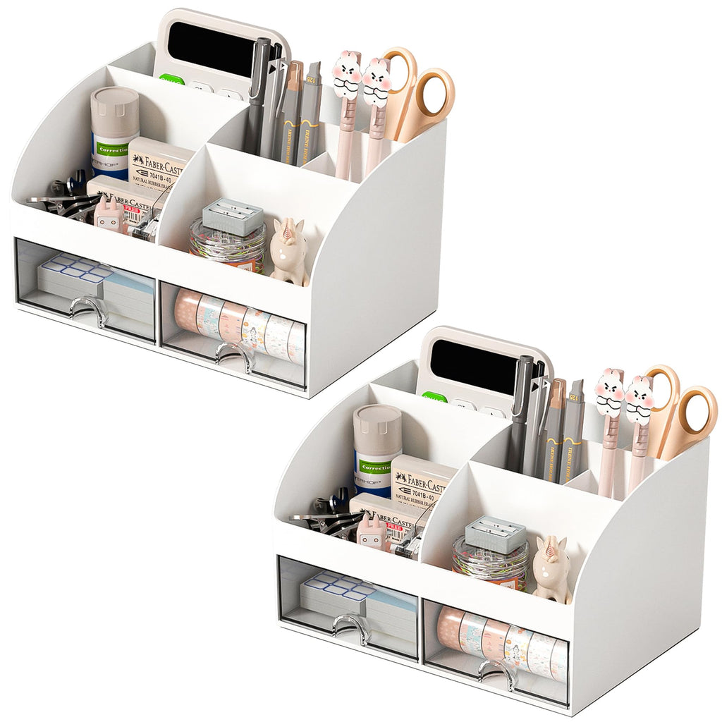 COMFYROOM Desk Organizer with 6 Compartments and 2 Drawers, Plastic Makeup Organizer, Pen Holder for Desktop Storage, Desk Organization for School, Home, Office Supplies (White)