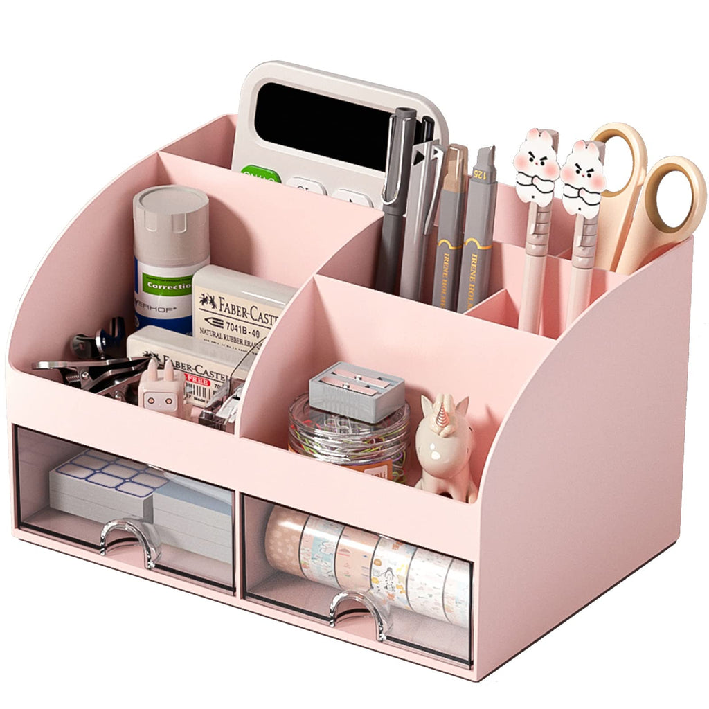 COMFYROOM Desk Organizer with 6 Compartments and 2 Drawers, Plastic Makeup Organizer, Pen Holder for Desktop Storage, Desk Organization for School, Home, Office Supplies (White)