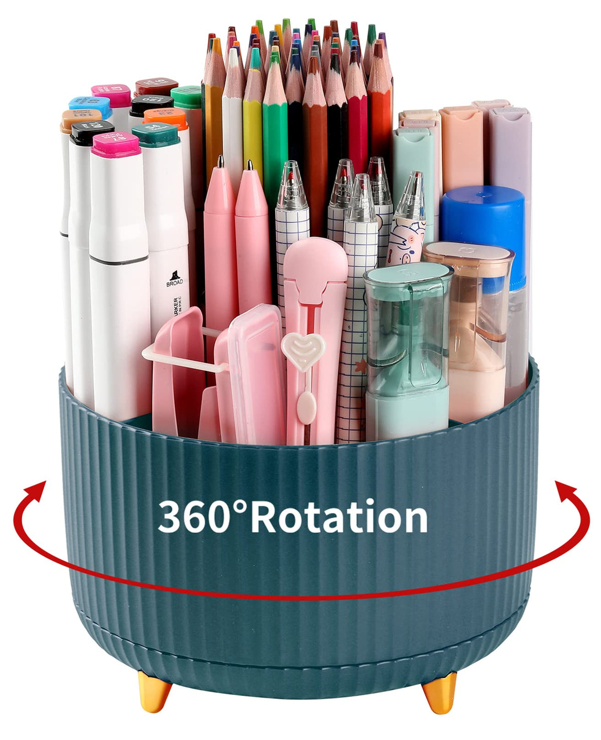 Desk Pencil Pen Holder, 5 Slots 360°Degree Rotating Pen Organizers for Desk, Desktop Storage Stationery Supplies Organizer, Cute Pencil Cup Pot for Office, School, Home, Art Supply, Beige